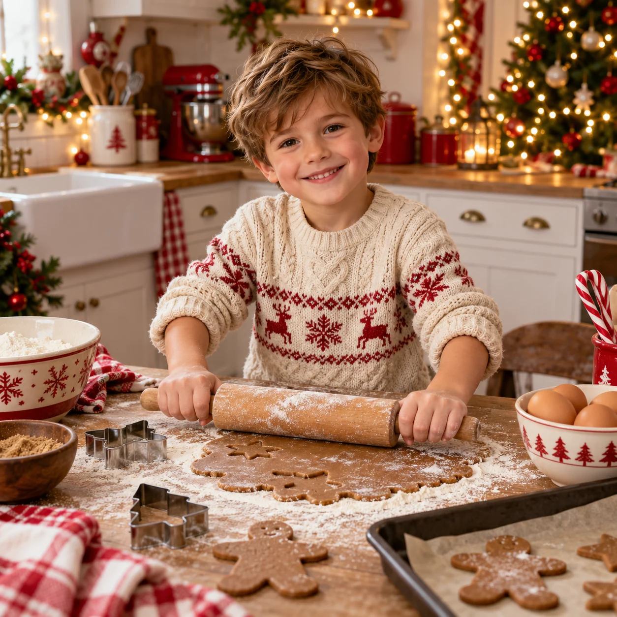 Niño preparando galletas en una cocina navideña roja y crema