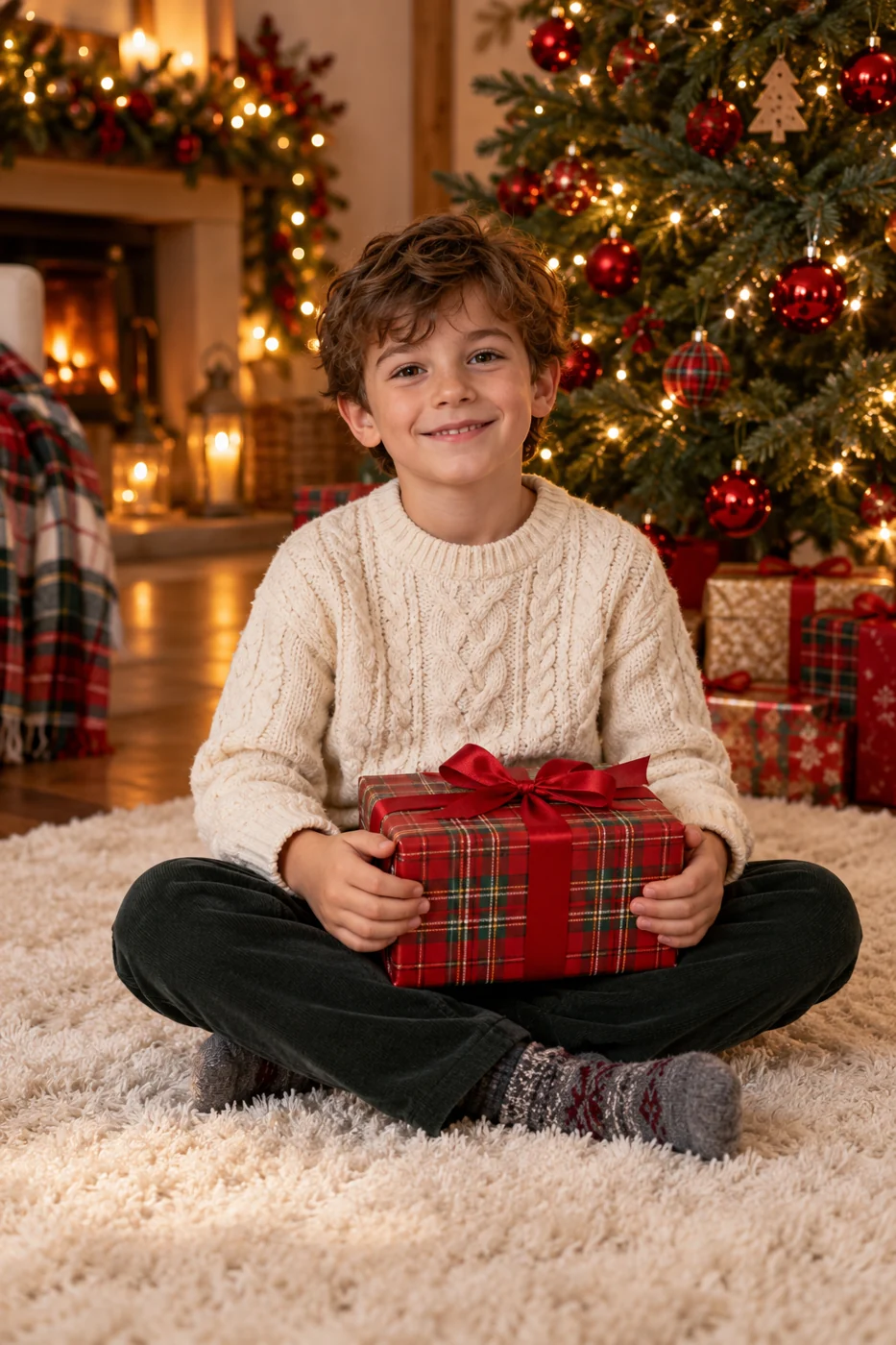 Niño sonriente con un regalo navideño